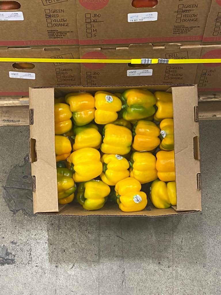 Pimientos morrones amarillos, cada uno con etiqueta, en una caja abierta sobre el piso del almacén, frente a una tarima flejada de cajas impresas Sonora Gardens